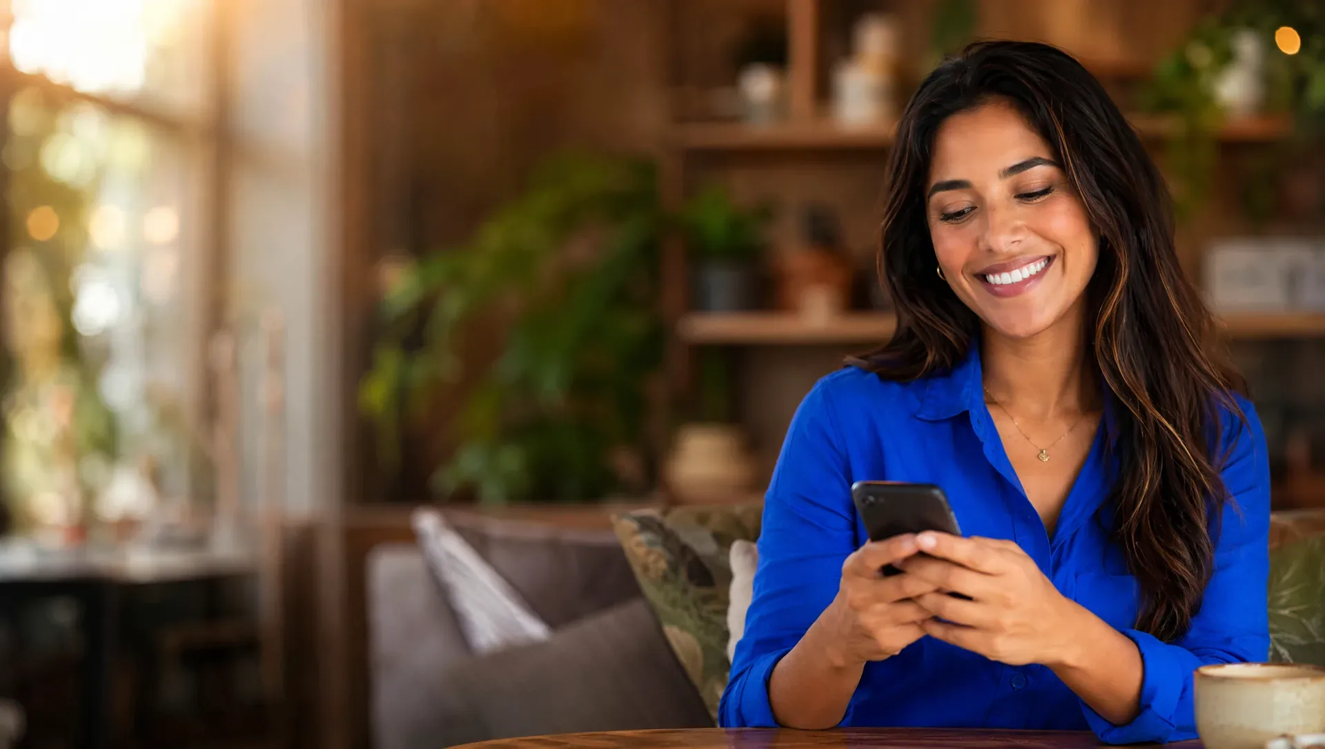 Cliente NutriCard Multi sorrindo com o celular na mão
